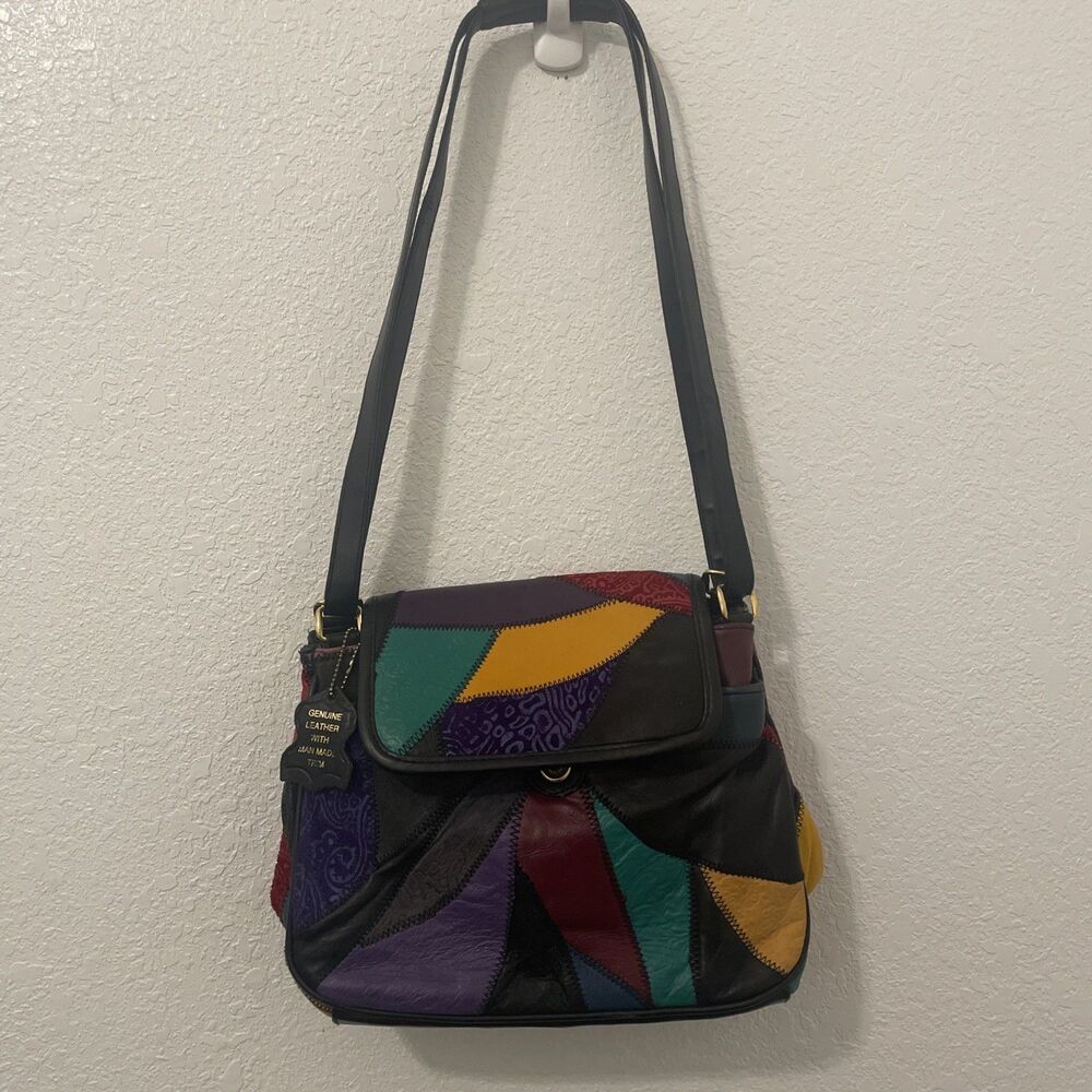 Vintage 80s 90s Leather Hobo Multicolor Patchwork Purse Shoulder Handbag See